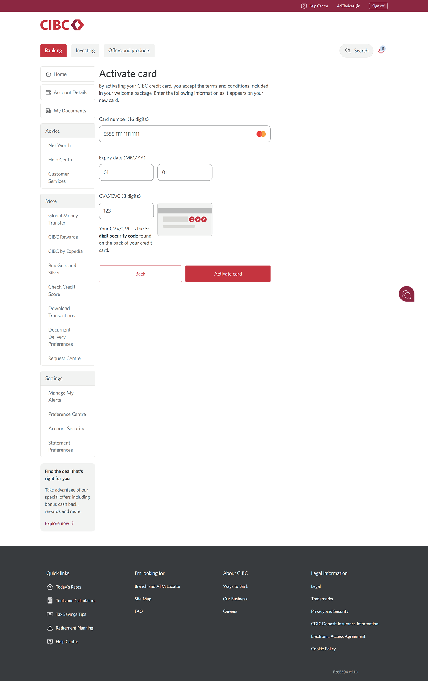 Demo screen 23: Activate card page. A pulsing animation highlights the "Activate card" button.