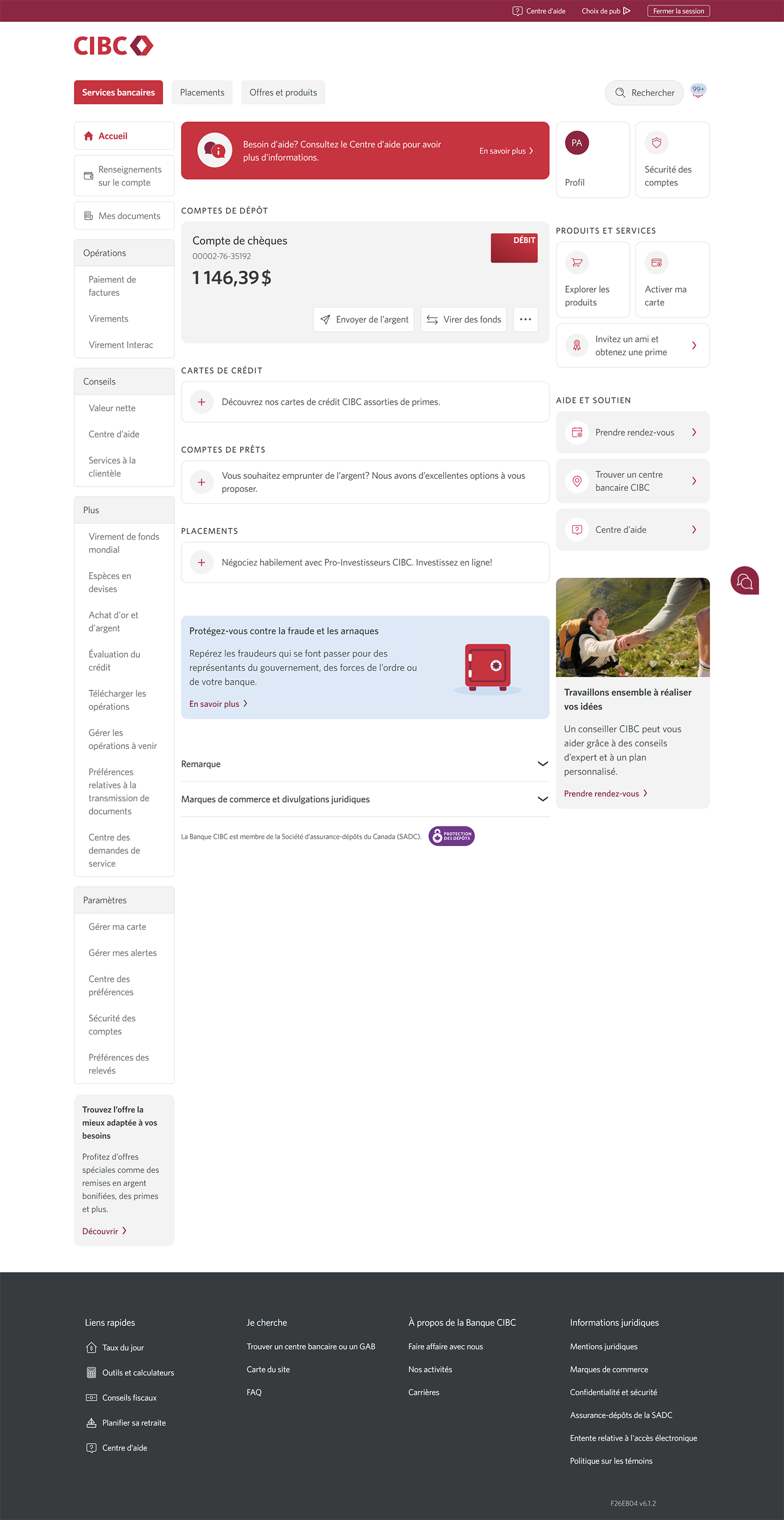 Écran 12 de la démonstration : Page d’accueil CIBC. Une animation dynamique met en évidence le lien Profil.