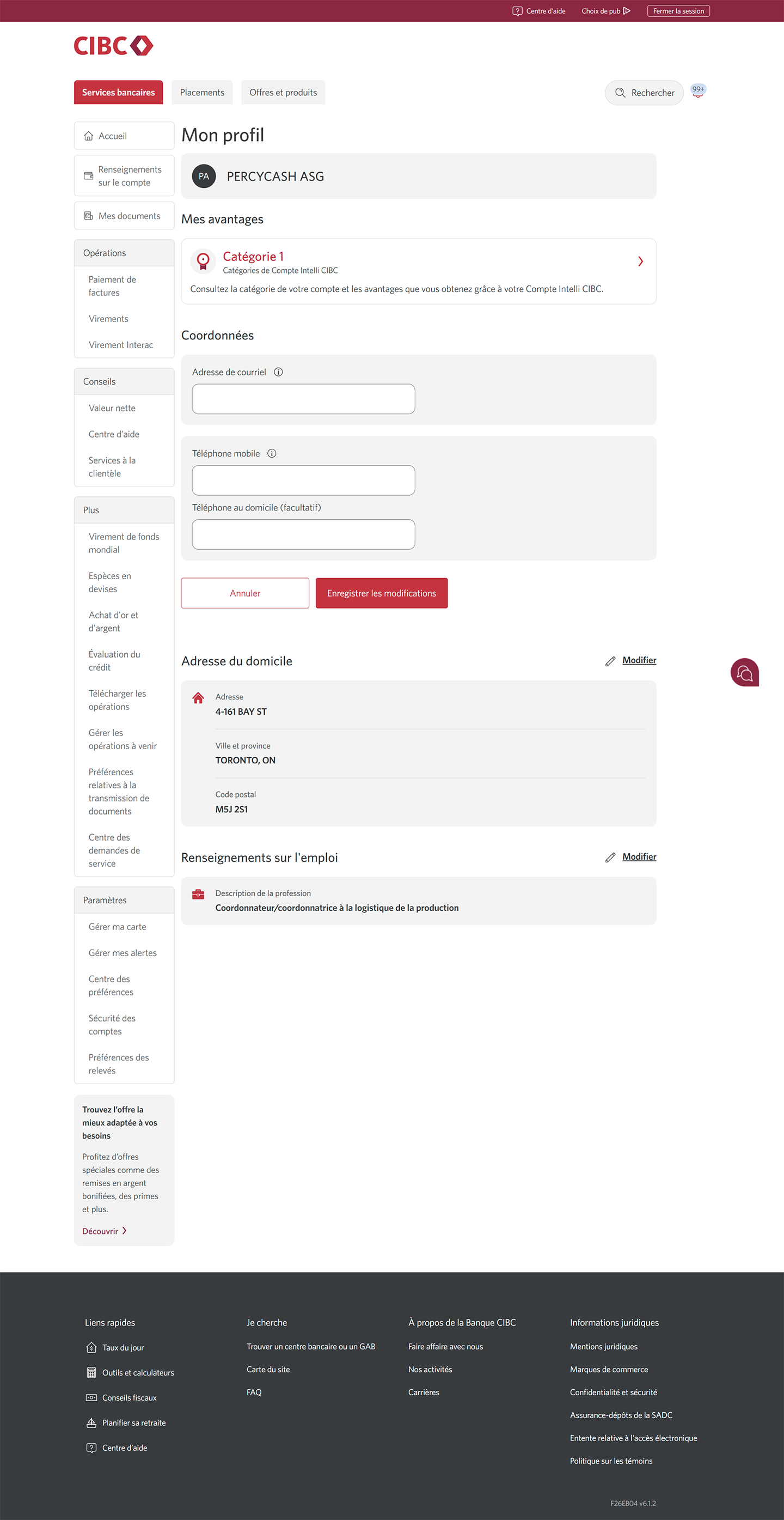 Écran 14 de la démonstration : Page Mon profil. Une animation dynamique met en évidence le bouton « Enregistrer les modifications » pour les coordonnées.