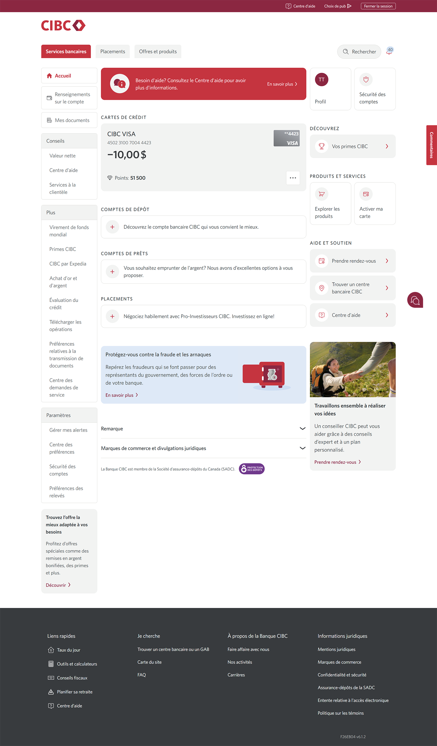 Écran 16 de la démonstration : Page d’accueil de Services bancaires CIBC en direct. Une animation dynamique met en évidence le bouton « Plus d’options » pour une carte de crédit.