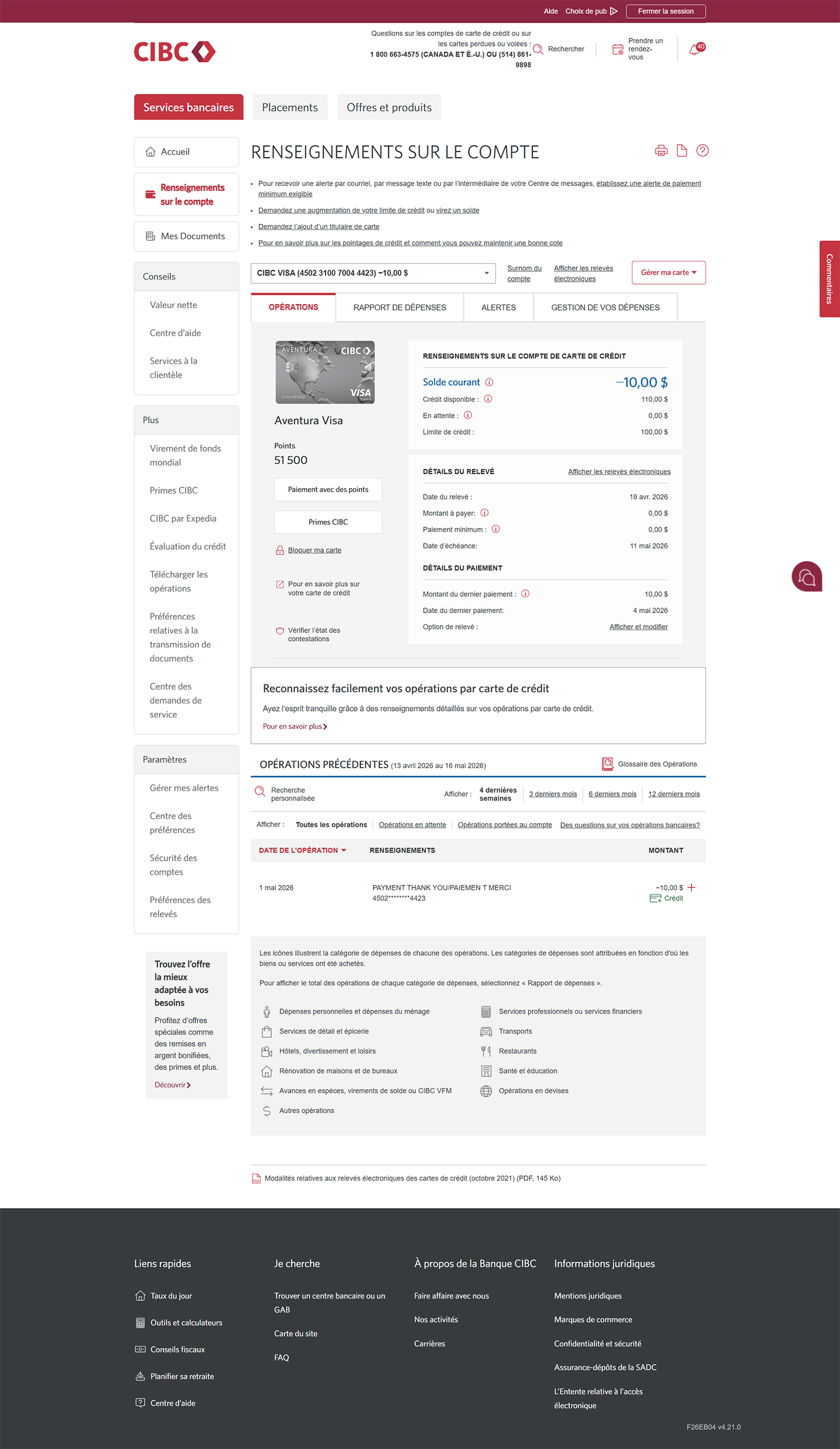 Écran 17 de la démonstration : Page Renseignements sur le compte. Une animation dynamique met en évidence la valeur « Crédit disponible » dans la section « Renseignements sur le crédit » de l’onglet Opérations.
