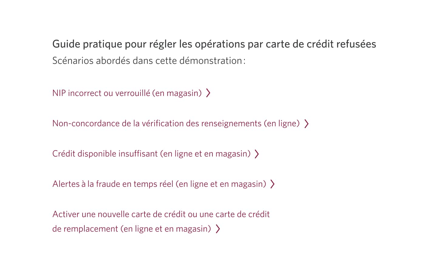 Écran 20 de la démonstration : Aperçu des sujets abordés dans cette démonstration. Une animation dynamique met en évidence le lien Activer une nouvelle carte de crédit ou une carte de crédit de remplacement (en ligne et en magasin).