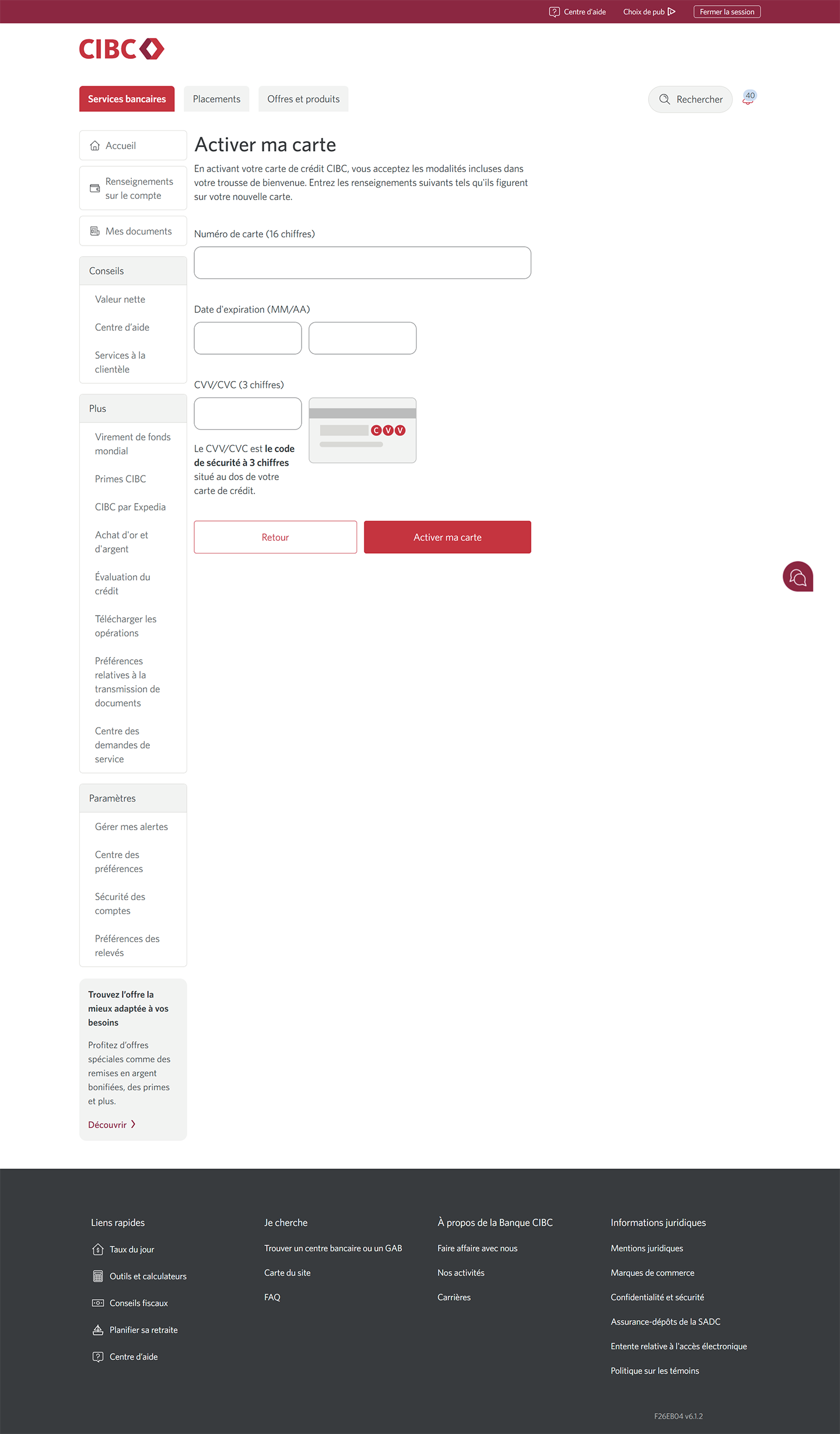 Écran 22 de la démonstration : Page Activer ma carte. Une animation dynamique met en évidence le champ Numéro de carte.