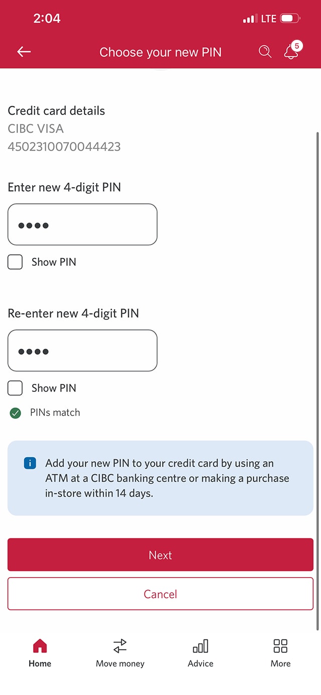 Demo screen 5: Choose your new PIN page. A pulsing animation highlights the "Next" button.