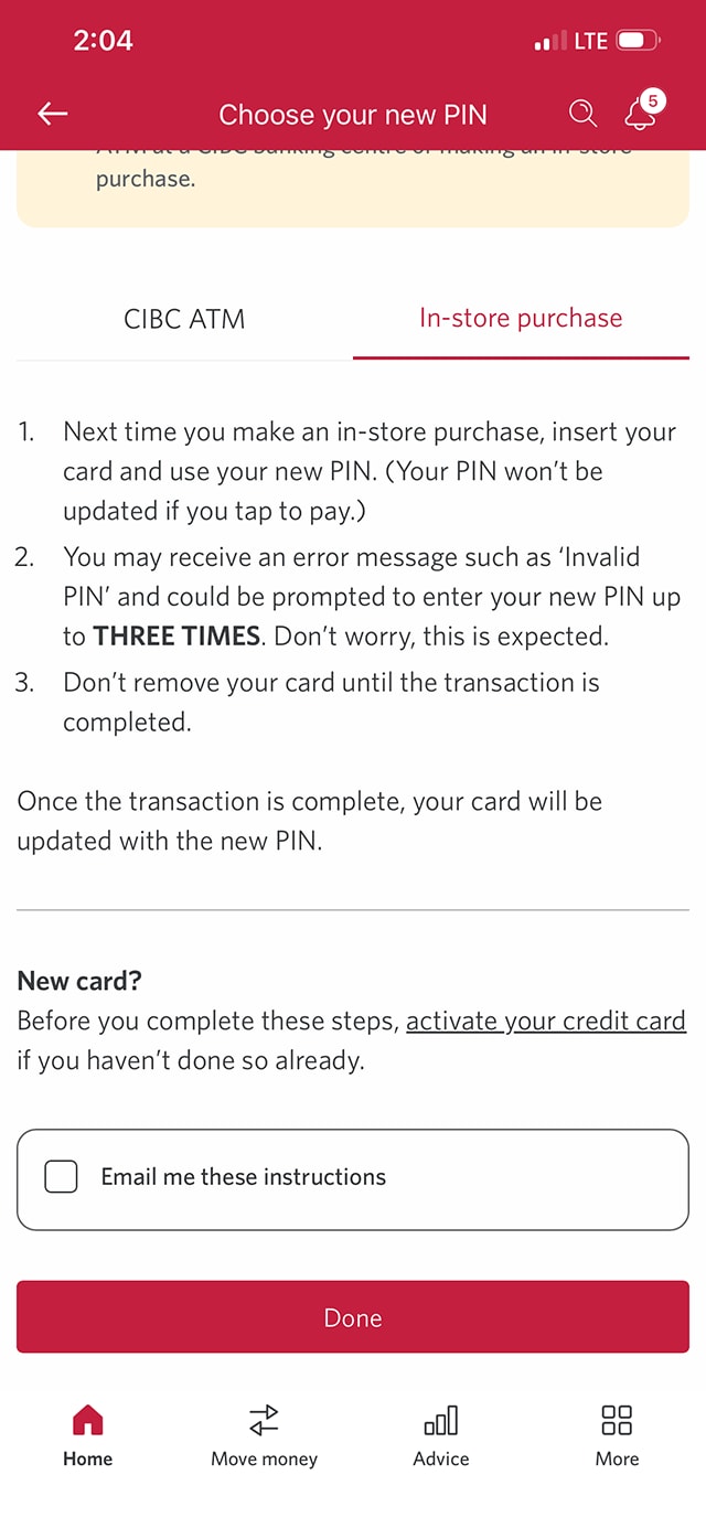 Demo screen 7: Dialog overlay with instructions to confirm your PIN in-person. A pulsing animation highlights the "Done" button.