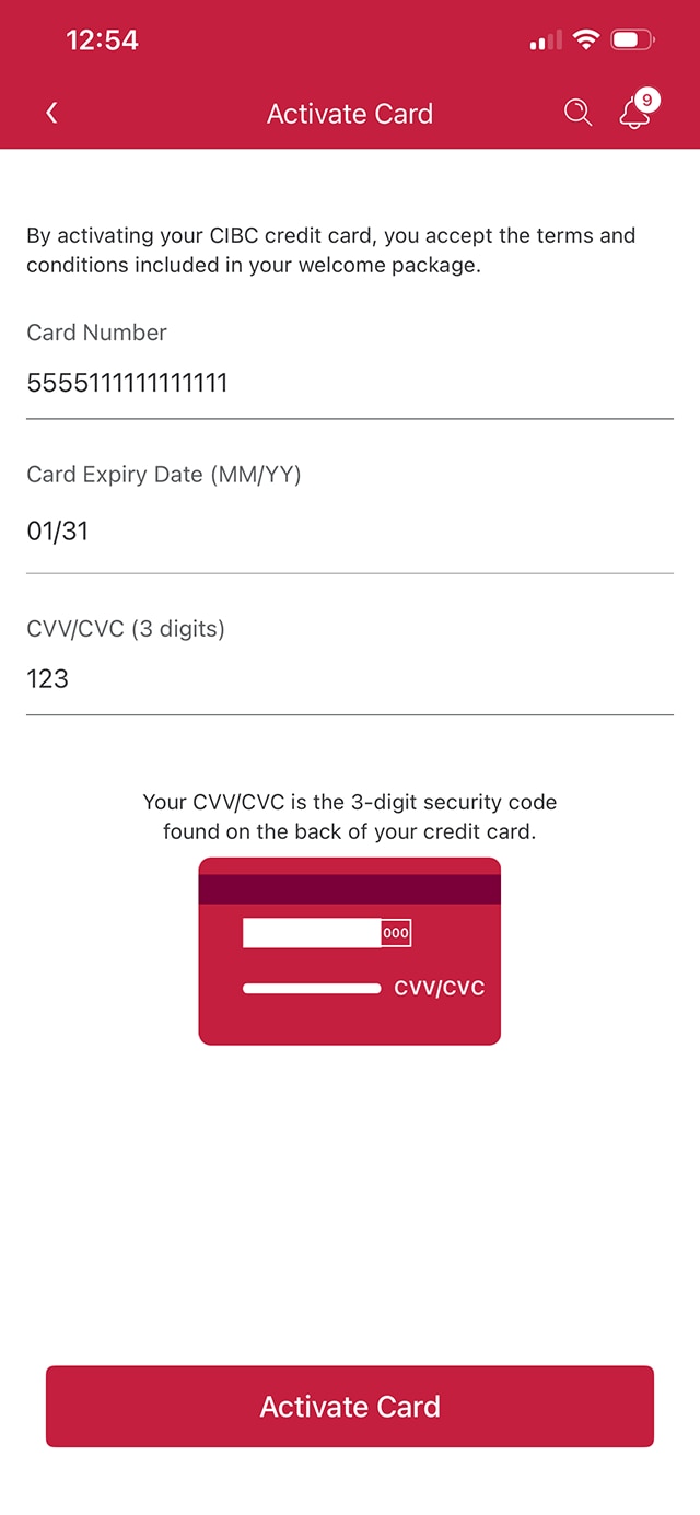 Demo screen 21: Activate card page. A pulsing animation highlights the "Activate Card" button.