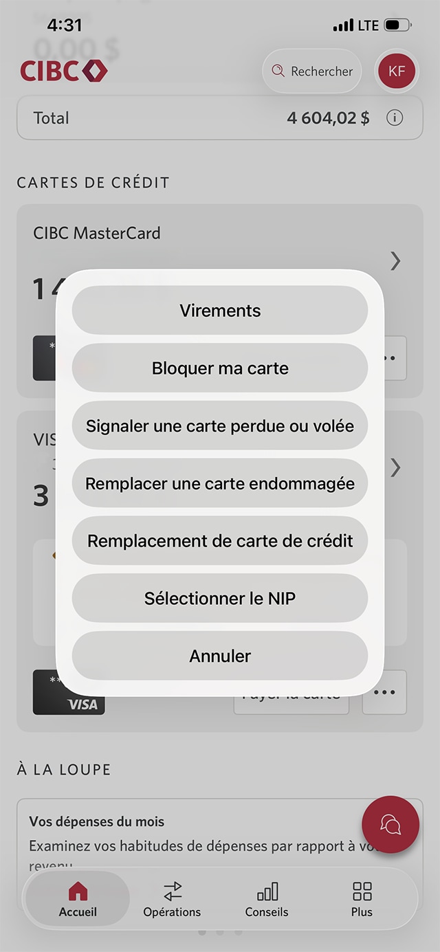 Écran 4 de la démonstration : Page Gérer ma carte pour une carte. Une animation dynamique met en évidence le bouton « Sélectionner un NIP » dans une liste d’actions.