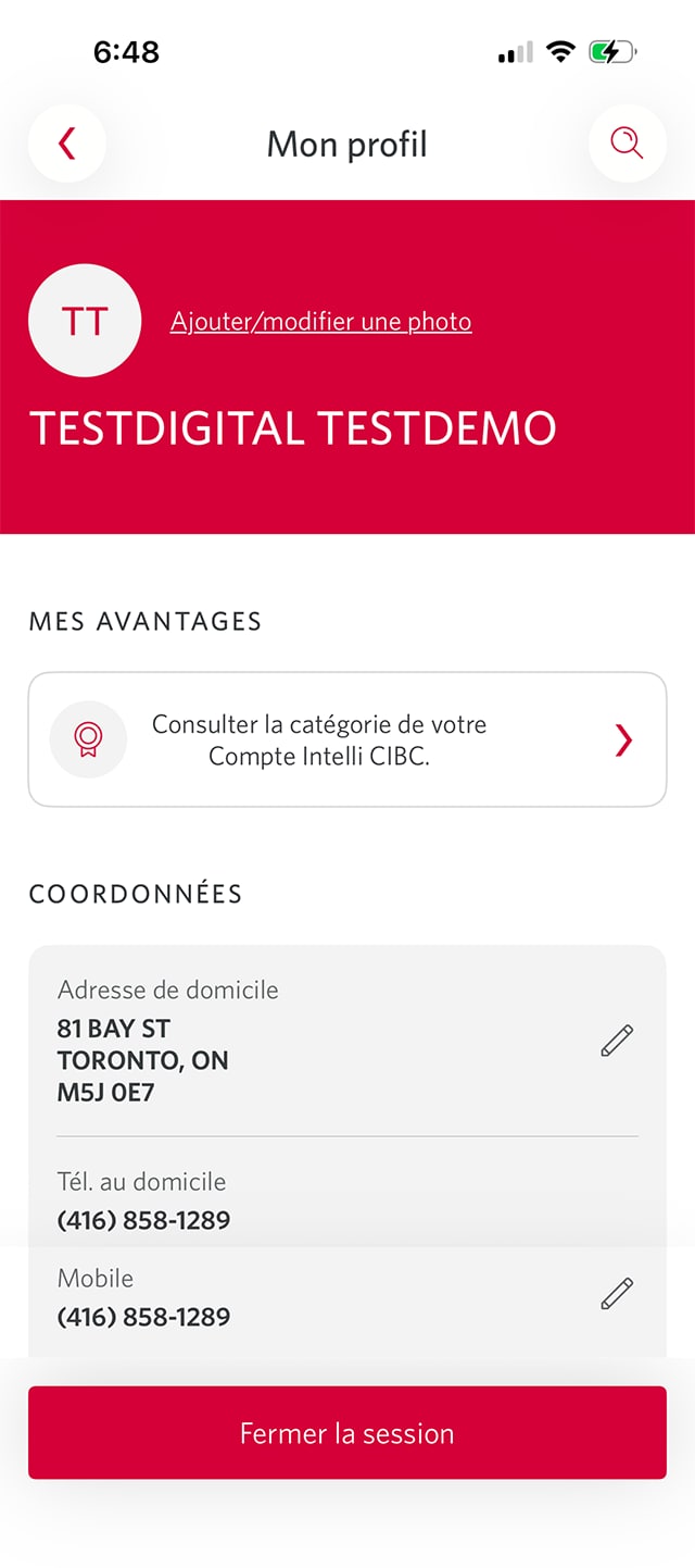 Écran 10 de la démonstration : Page Mon profil. Une animation dynamique met en évidence le bouton « Modifier » à côté de « Coordonnées ».