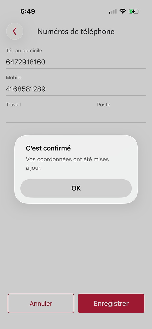 Écran 12 de la démonstration : Page Mon profil. Une animation dynamique met en évidence le bouton OK.