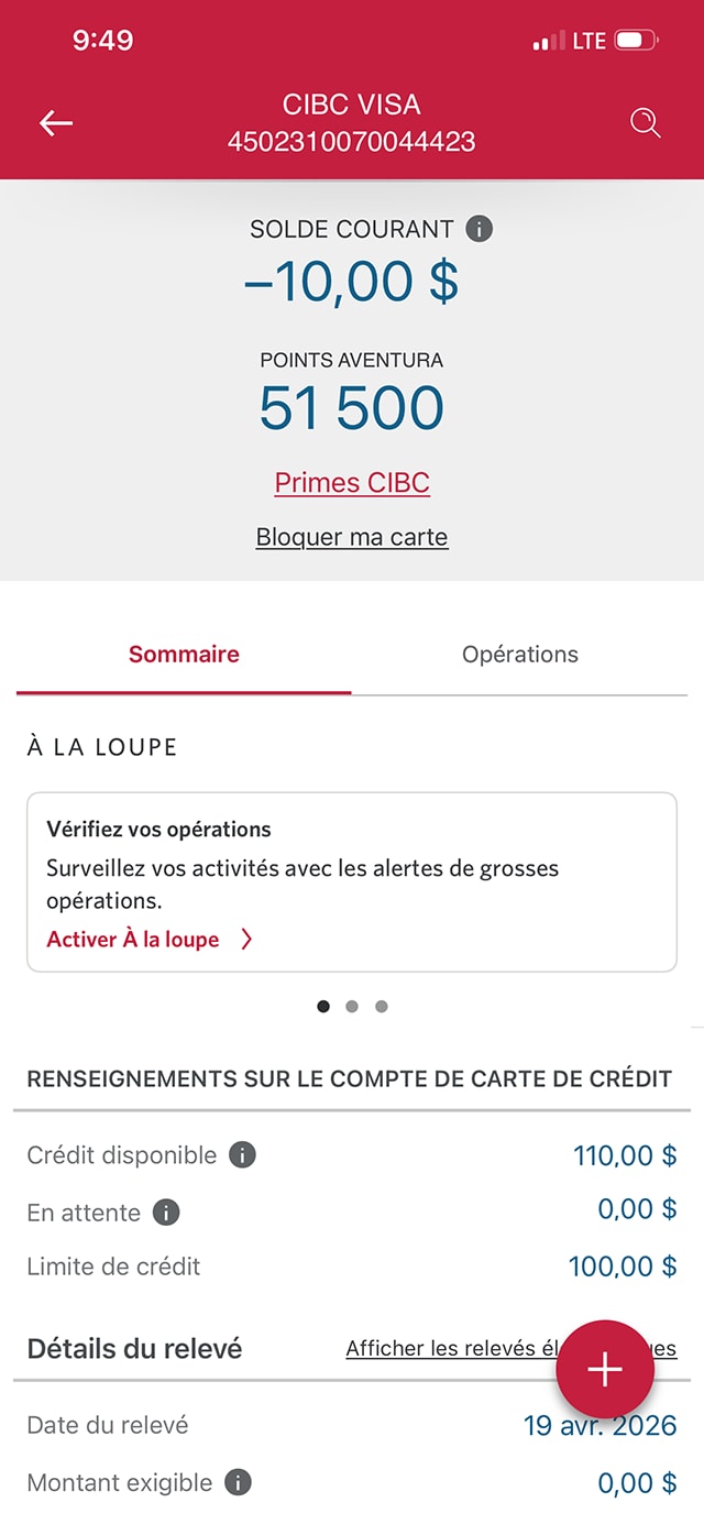 Écran 15 de la démonstration : Page Renseignements sur le compte. Une animation dynamique met en évidence la valeur « Crédit disponible » dans la section « Renseignements sur le crédit ».