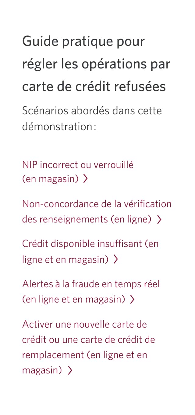 Écran 16 de la démonstration : Aperçu des sujets abordés dans cette démonstration. Une animation dynamique met en évidence le lien Alertes à la fraude en temps réel (en ligne et en magasin).