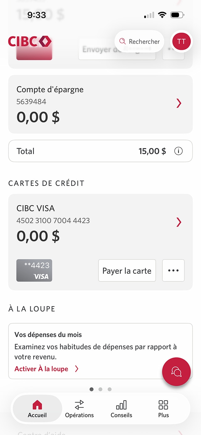 Écran 19 de la démonstration : Page d’accueil de l’application Services bancaires mobiles CIBC. Une animation dynamique met en évidence l’onglet Plus.