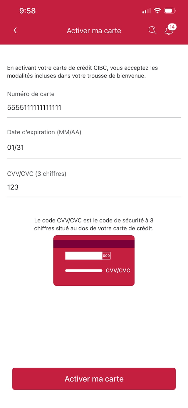 Écran 21 de la démonstration : Page Activer ma carte. Une animation dynamique met en évidence le bouton Activer ma carte.