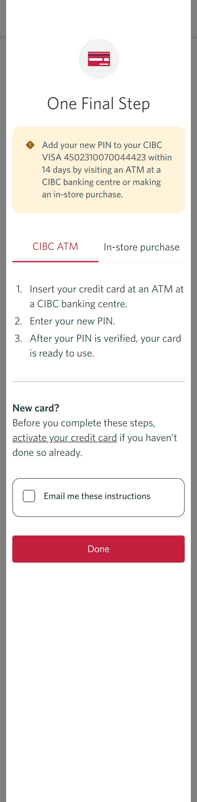 Demo screen 9: Dialog overlay with instructions to confirm your PIN in-person. A pulsing animation highlights the "In-store purchase" tab.