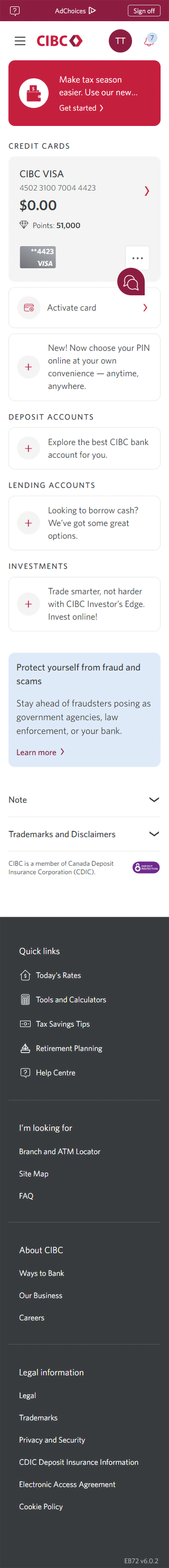 Demo screen 12: CIBC homepage. A pulsing animation highlights the "Profile" link.