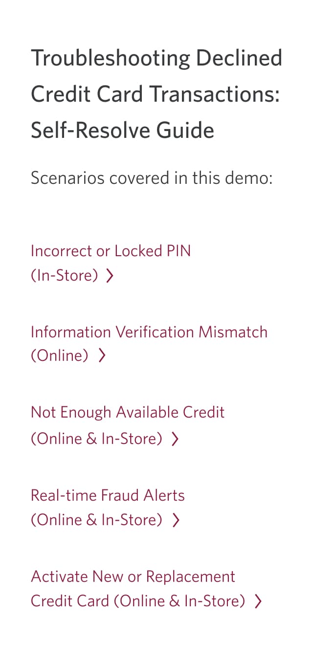 Demo screen 15: Overview of topics covered in this demo. A pulsing animation highlights the "Not Enough Available Credit (Online & In-Store)" link.
