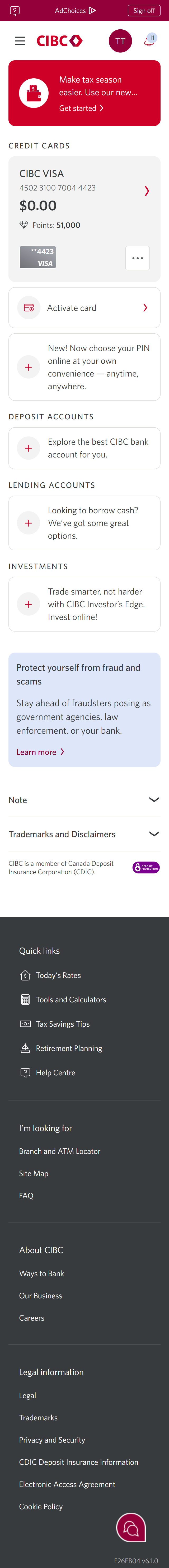 Demo screen 21: CIBC Online Banking homepage. A pulsing animation highlights the "Activate card" link.