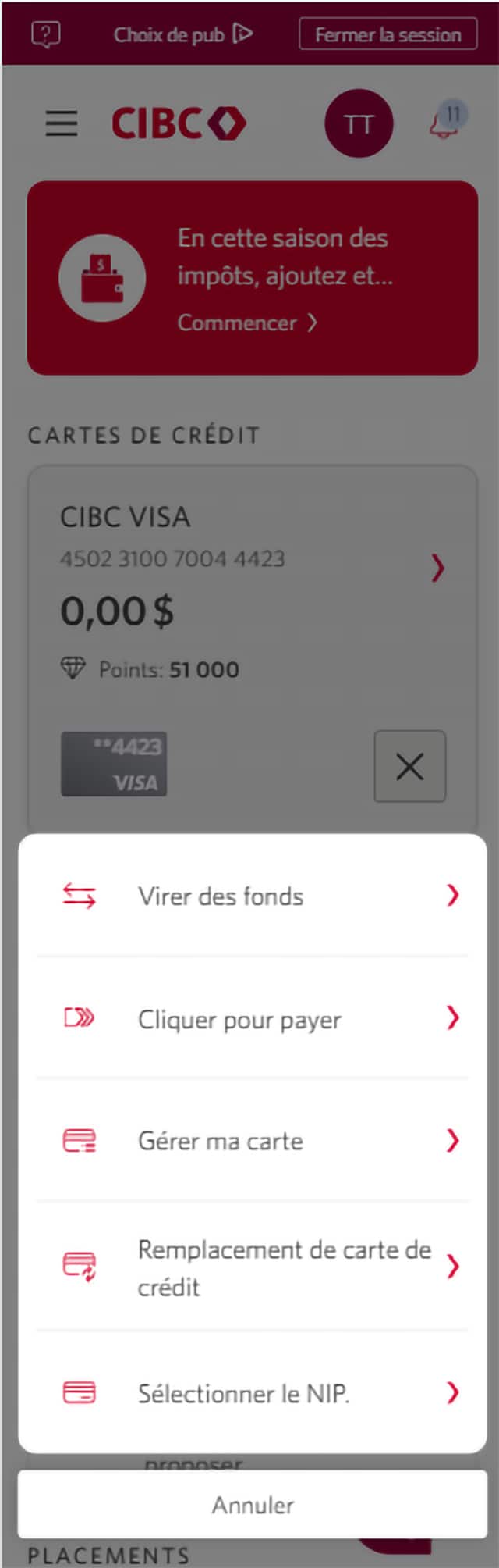 Écran 4 de la démonstration : Page d’accueil de Services bancaires CIBC en direct avec un menu déroulant. Une animation dynamique met en évidence le lien Gérer ma carte.