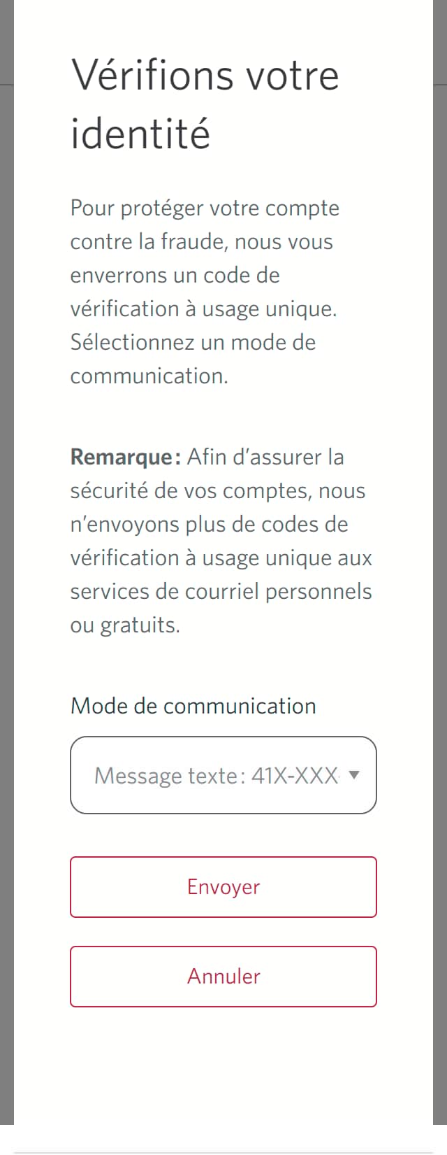 Écran 7 de la démonstration : Boîte de dialogue superposée avec un formulaire pour confirmer l’identité. Une animation dynamique met en évidence le bouton Envoyer le code.