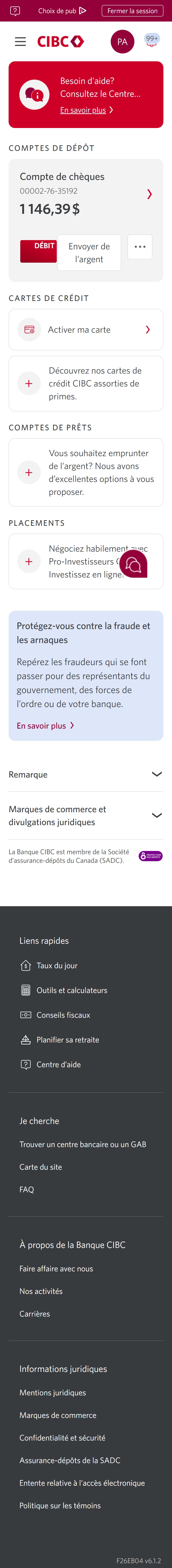 Écran 12 de la démonstration : Page d’accueil CIBC. Une animation dynamique met en évidence le lien Profil.