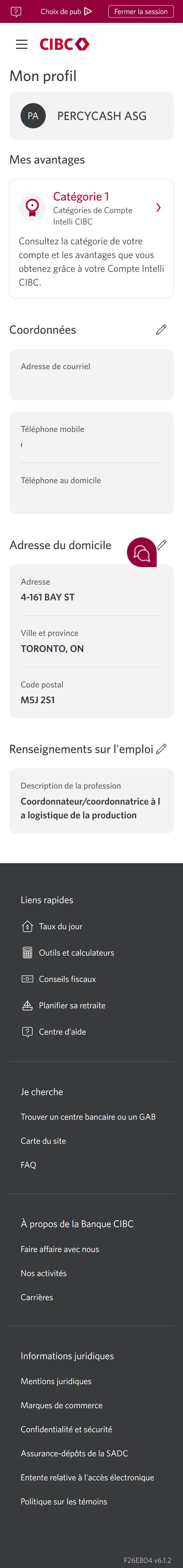 Écran 13 de la démonstration : Page Mon profil. Une animation dynamique met en évidence le lien « Modifier » à côté de « Coordonnées ».