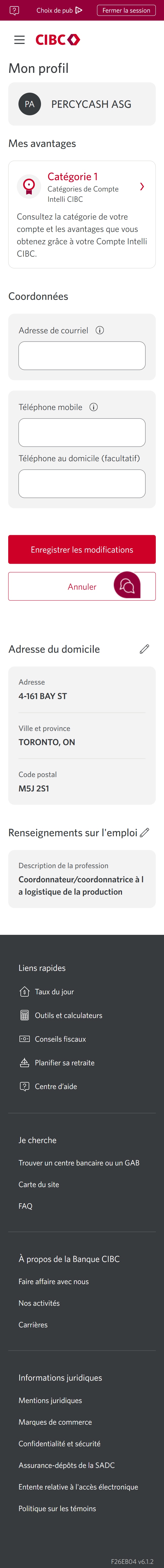 Écran 14 de la démonstration : Page Mon profil. Une animation dynamique met en évidence le bouton « Enregistrer les modifications » pour les coordonnées.