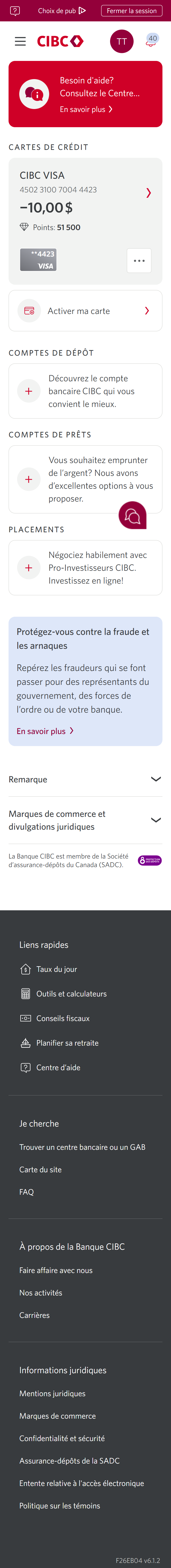 Écran 16 de la démonstration : Page d’accueil de Services bancaires CIBC en direct. Une animation dynamique met en évidence le bouton « Plus d’options » pour une carte de crédit.