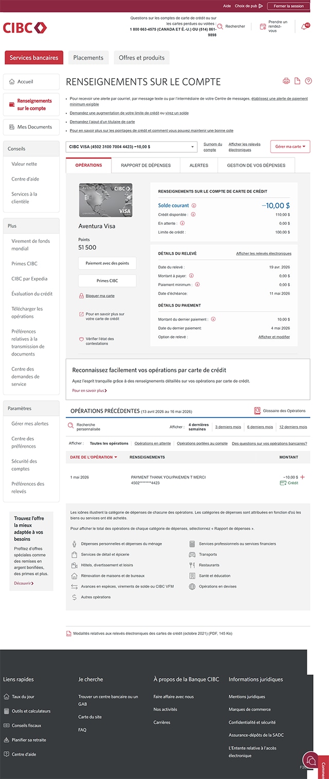 Écran 17 de la démonstration : Page Renseignements sur le compte. Une animation dynamique met en évidence la valeur « Crédit disponible » dans la section « Renseignements sur le crédit » de l’onglet Opérations.