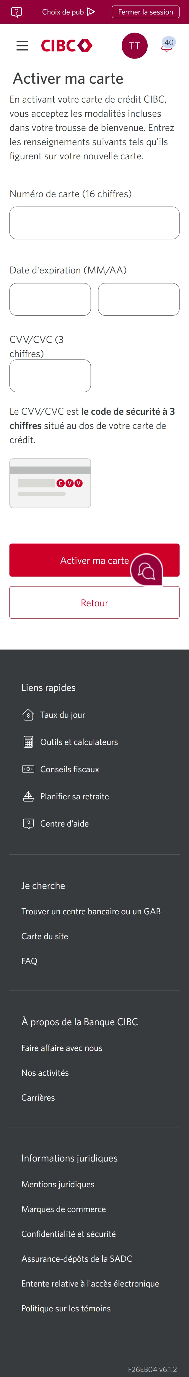 Écran 22 de la démonstration : Page Activer ma carte. Une animation dynamique met en évidence le champ Numéro de carte.