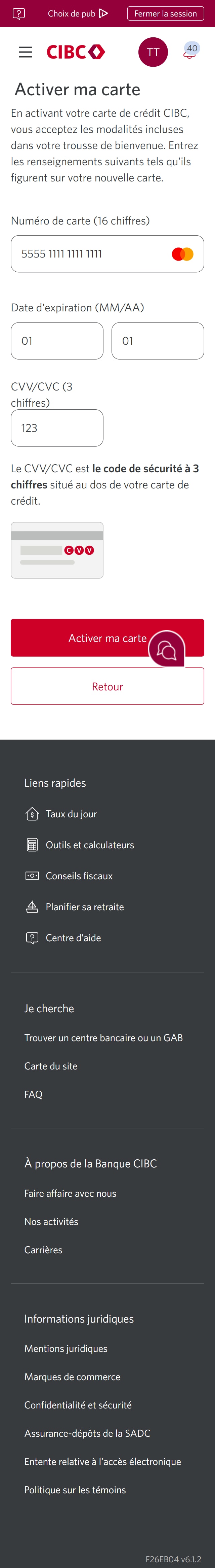 Écran 23 de la démonstration : Page Activer ma carte. Une animation dynamique met en évidence le bouton Activer ma carte.