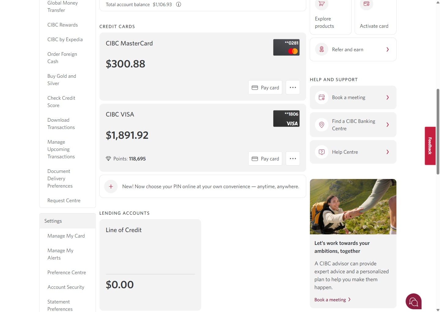 Demo screen 2: CIBC Online banking homepage. A pulsing animation highlights the "Pay card" button.