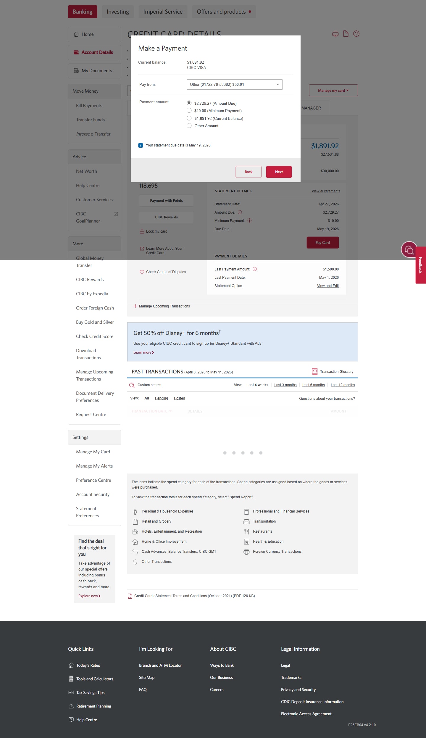 Demo screen 4: CIBC Online banking homepage, make a payment modal. A pulsing animation highlights the "Next" button.