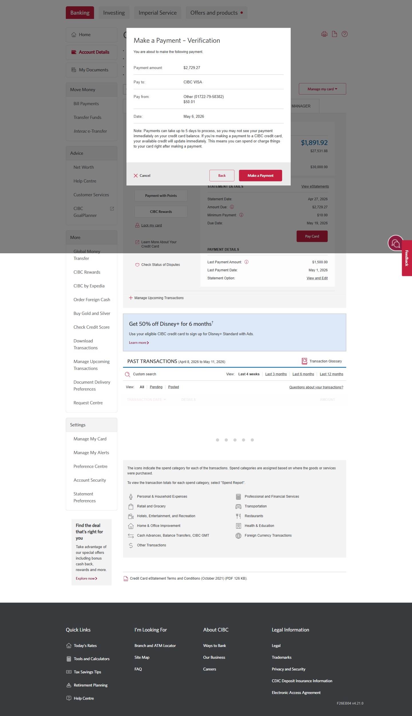 Demo screen 5: CIBC Online banking homepage. A pulsing animation highlights the "Make a payment" button.