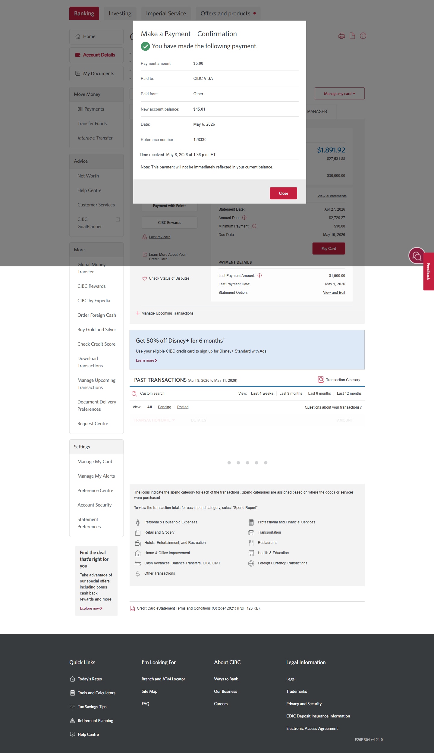 Demo screen 6: CIBC Online banking homepage, payment confirmation. No pulsing animation.