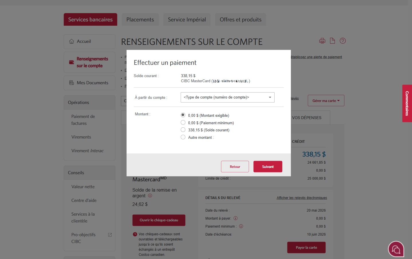 Écran 3 de la démonstration : Page d’accueil de Services bancaires CIBC en direct, fenêtre modale pour effectuer un paiement. Une animation dynamique met en évidence le menu déroulant de sélection du compte.