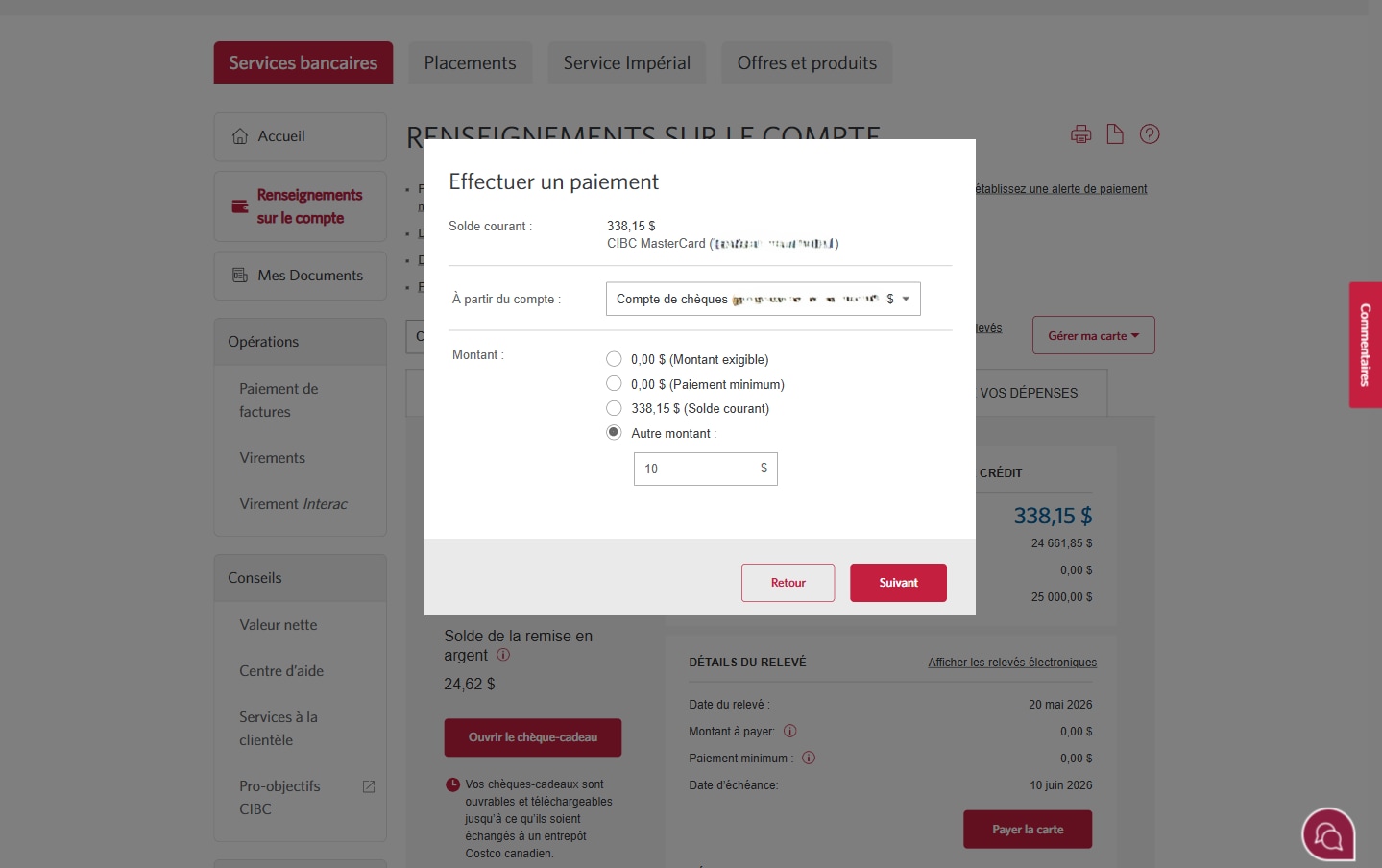 Écran 4 de la démonstration : Page d’accueil de Services bancaires CIBC en direct, fenêtre modale pour effectuer un paiement. Une animation dynamique met en évidence le bouton Suivant.