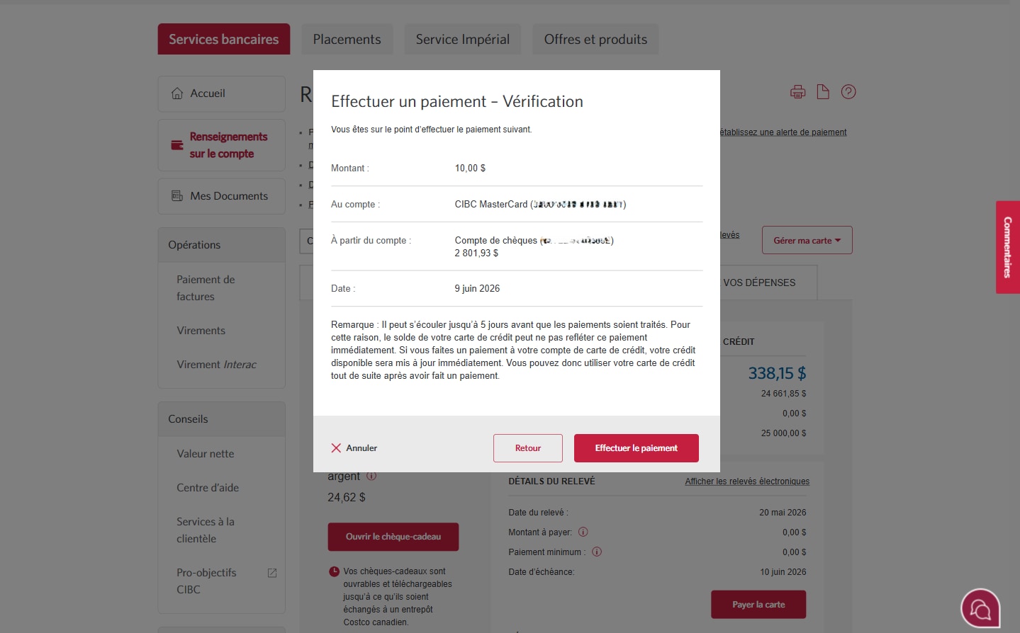Écran 5 de la démonstration : Page d’accueil de Services bancaires CIBC en direct. Une animation dynamique met en évidence le bouton pour faire un paiement.
