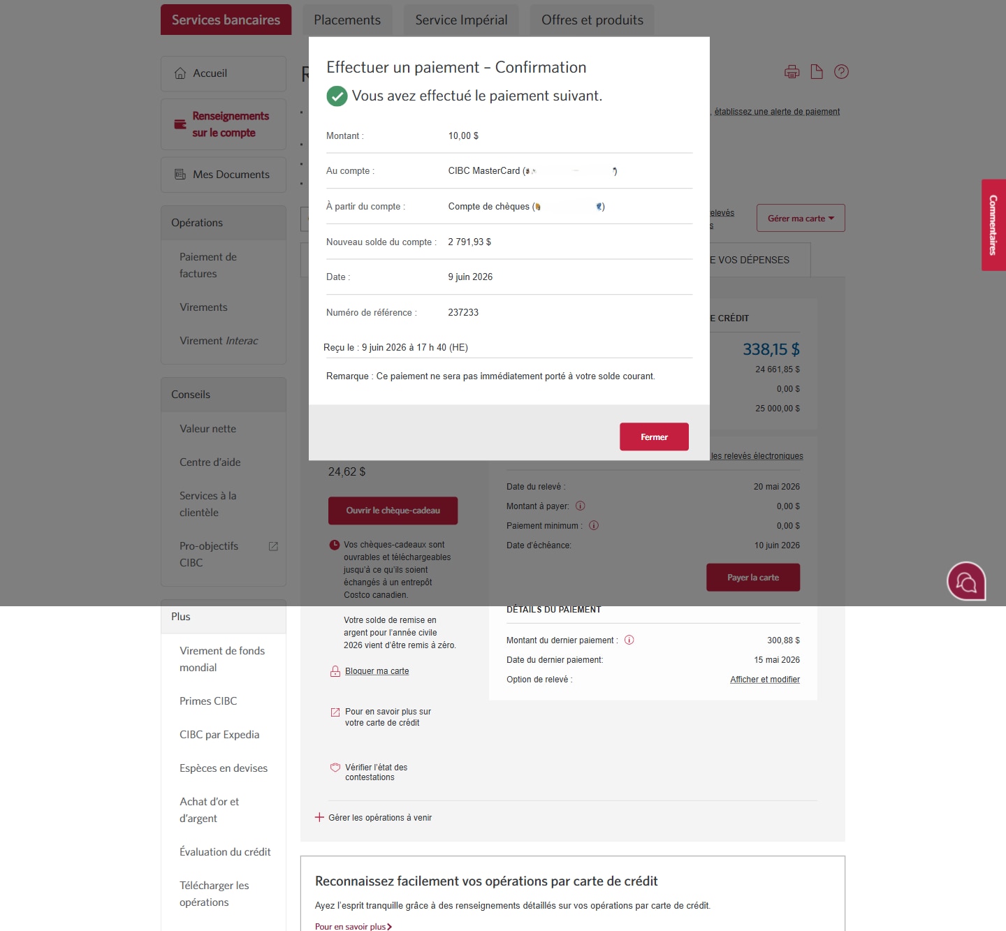 Écran 6 de la démonstration : Page d’accueil de Services bancaires CIBC en direct, confirmation de paiement. Aucune animation dynamique.