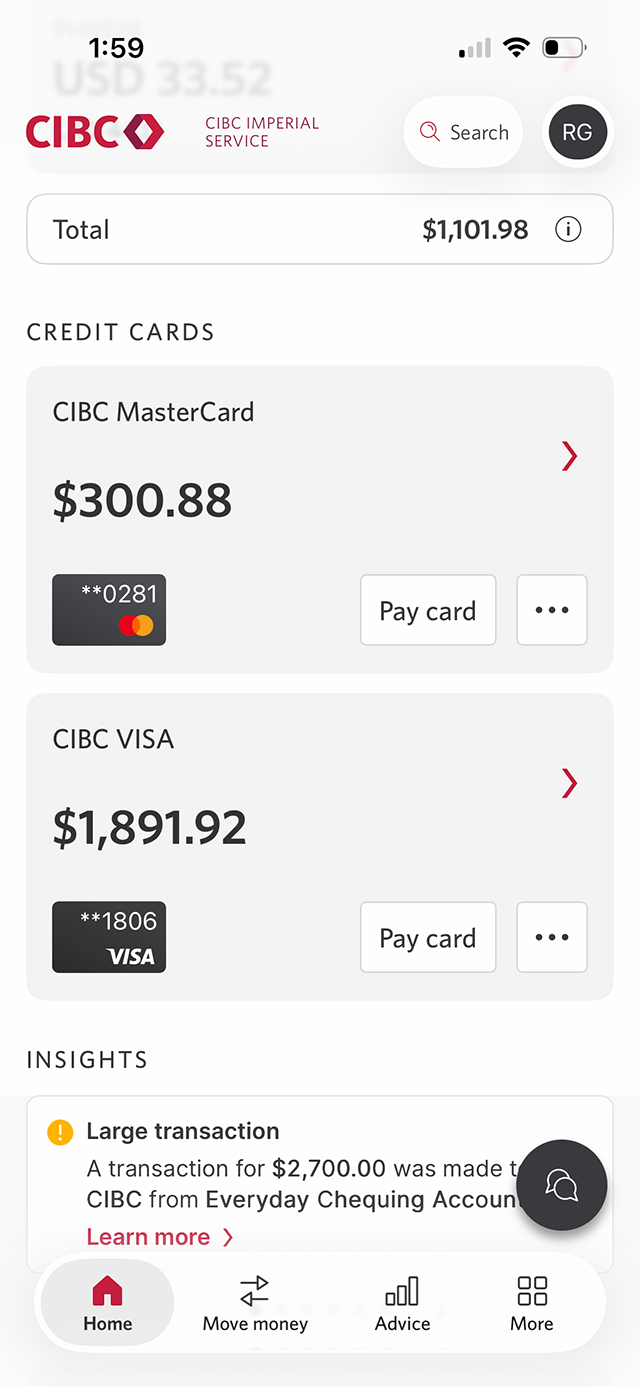 Demo screen 2: CIBC Mobile Banking App homepage. A pulsing animation highlights the "Pay card" button.