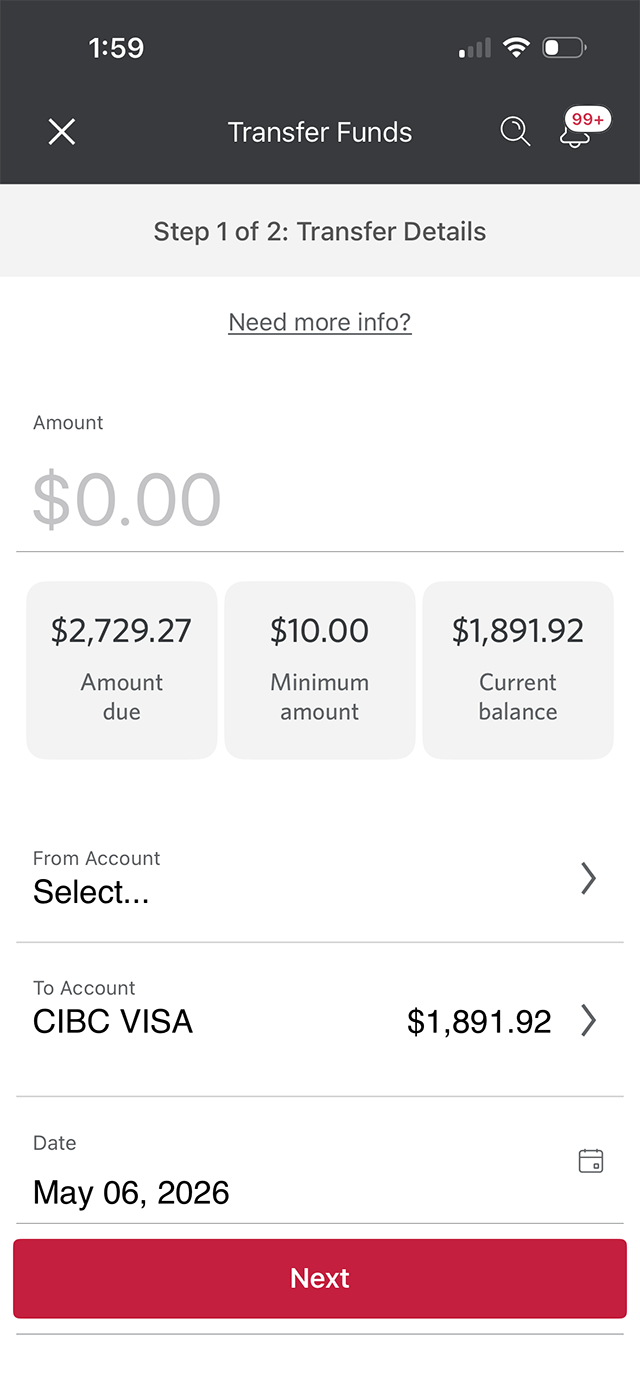 Demo screen 3: CIBC Mobile Banking App transfer funds. A pulsing animation highlights the minimum amount button.