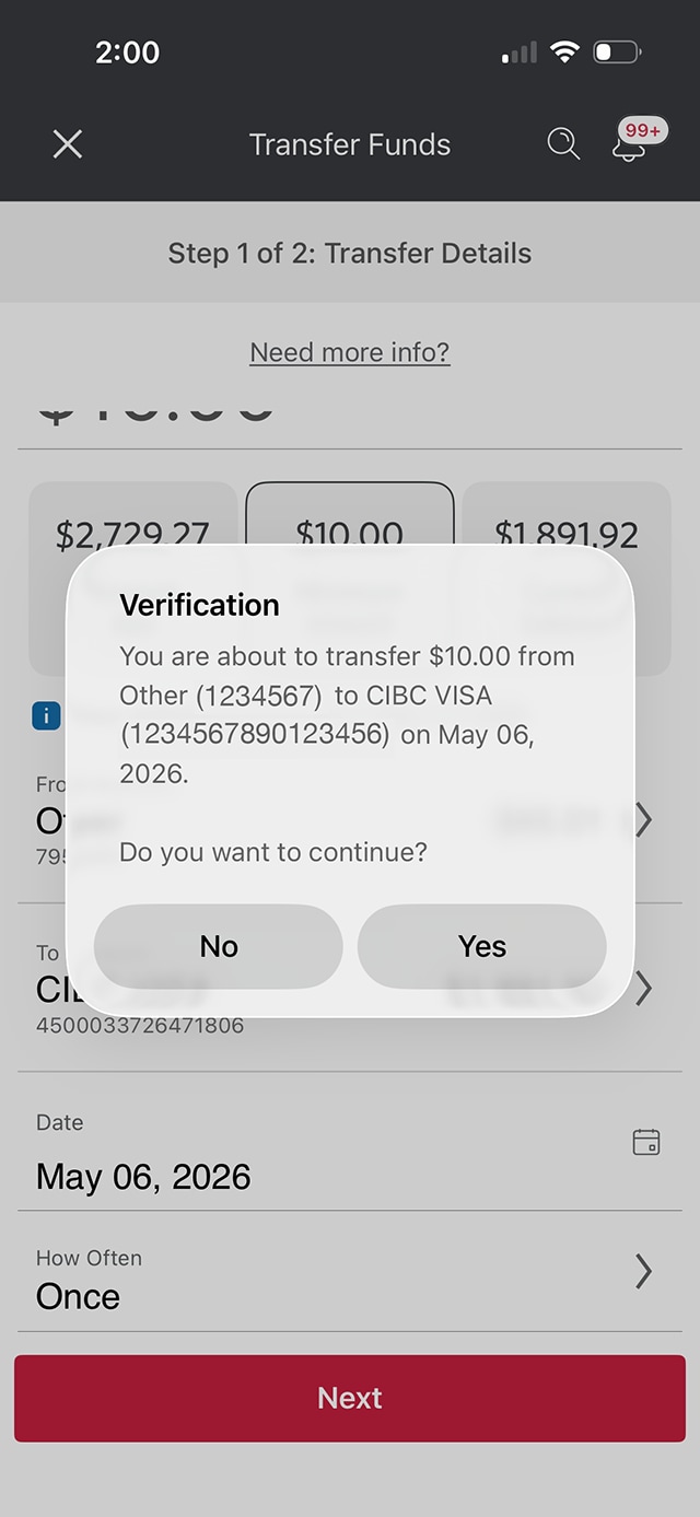 Demo screen 6: CIBC Mobile Banking App transfer funds verification. A pulsing animation highlights the "Yes" button.