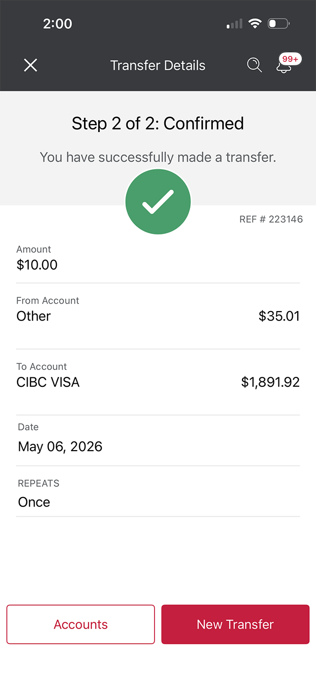 Demo screen 7: CIBC Mobile Banking App transfer funds confirmation. No pulsing animation.