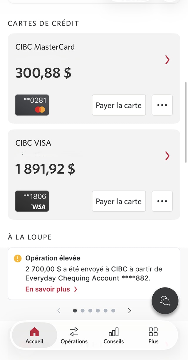 Écran 2 de la démonstration : Page d’accueil de l’application Services bancaires mobiles CIBC. Une animation dynamique met en évidence le bouton pour payer la carte.