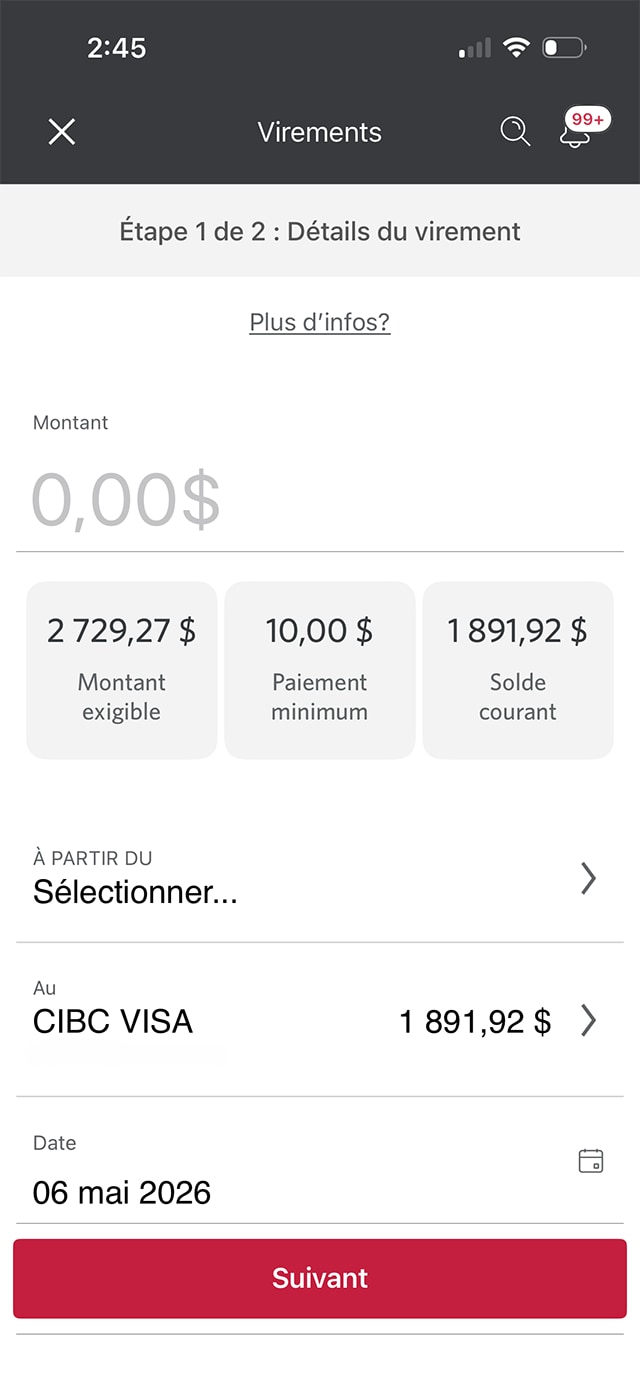 Écran 3 de la démonstration : Virement de fonds dans l’application Services bancaires mobiles CIBC. Une animation dynamique met en évidence le bouton du montant minimal.