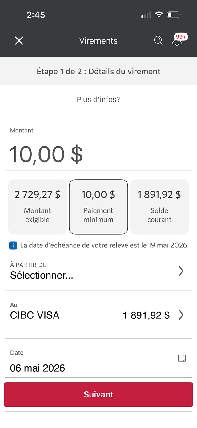 Écran 4 de la démonstration : Virement de fonds dans l’application Services bancaires mobiles CIBC. Une animation dynamique met en évidence le bouton du compte de provenance.