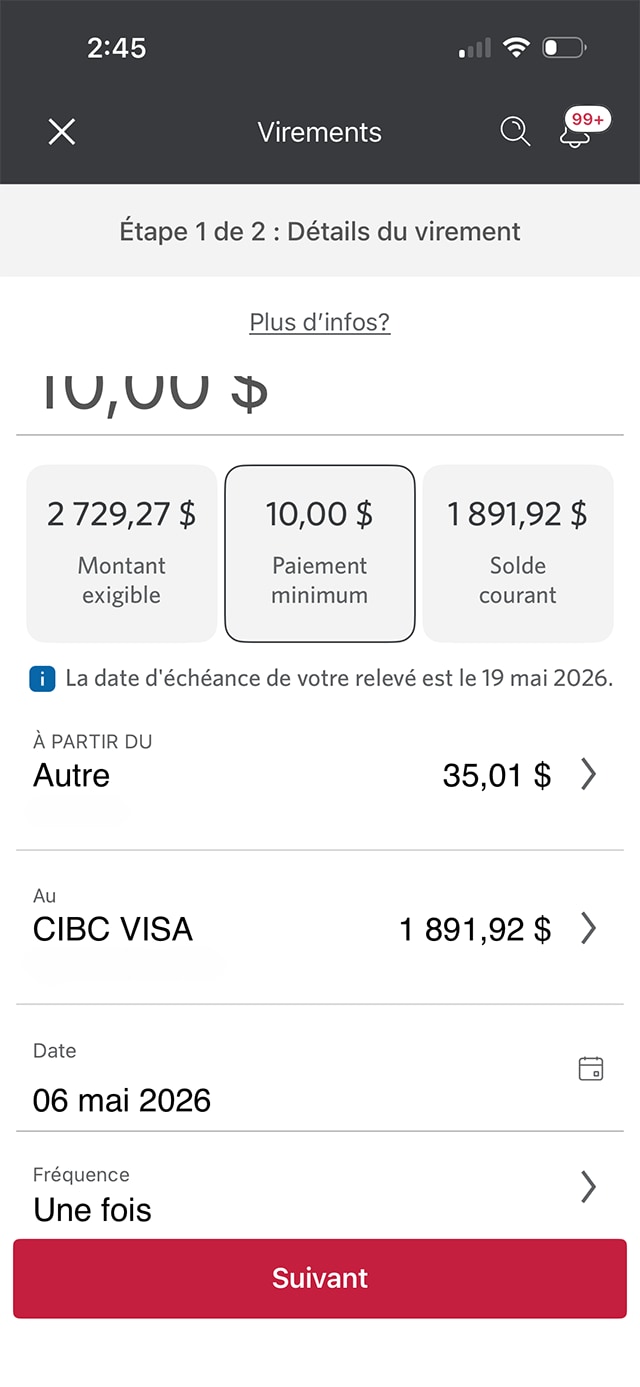 Écran 5 de la démonstration : Virement de fonds dans l’application Services bancaires mobiles CIBC. Une animation dynamique met en évidence le bouton Suivant.