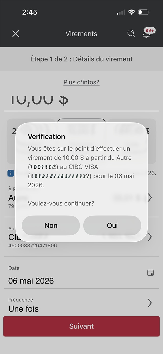 Écran 6 de la démonstration : Vérification du virement de fonds dans l’application Services bancaires mobiles CIBC. Une animation dynamique met en évidence le bouton Oui.