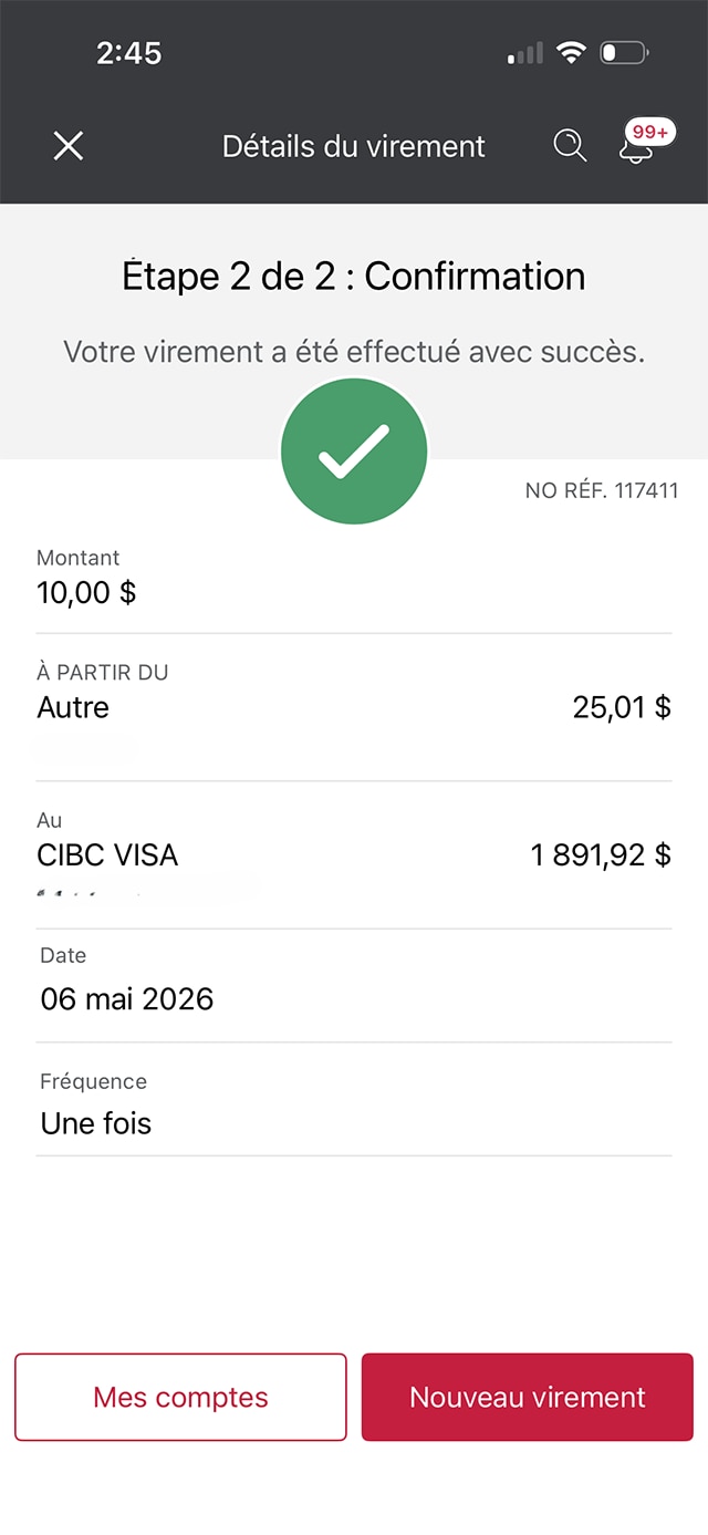 Écran 7 de la démonstration : Confirmation du virement de fonds dans l’application Services bancaires mobiles CIBC. Aucune animation dynamique.