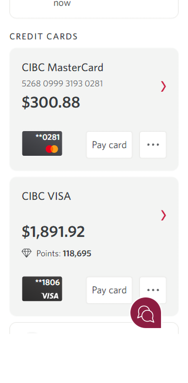 Demo screen 2: CIBC Online banking homepage. A pulsing animation highlights the "Pay card" button.