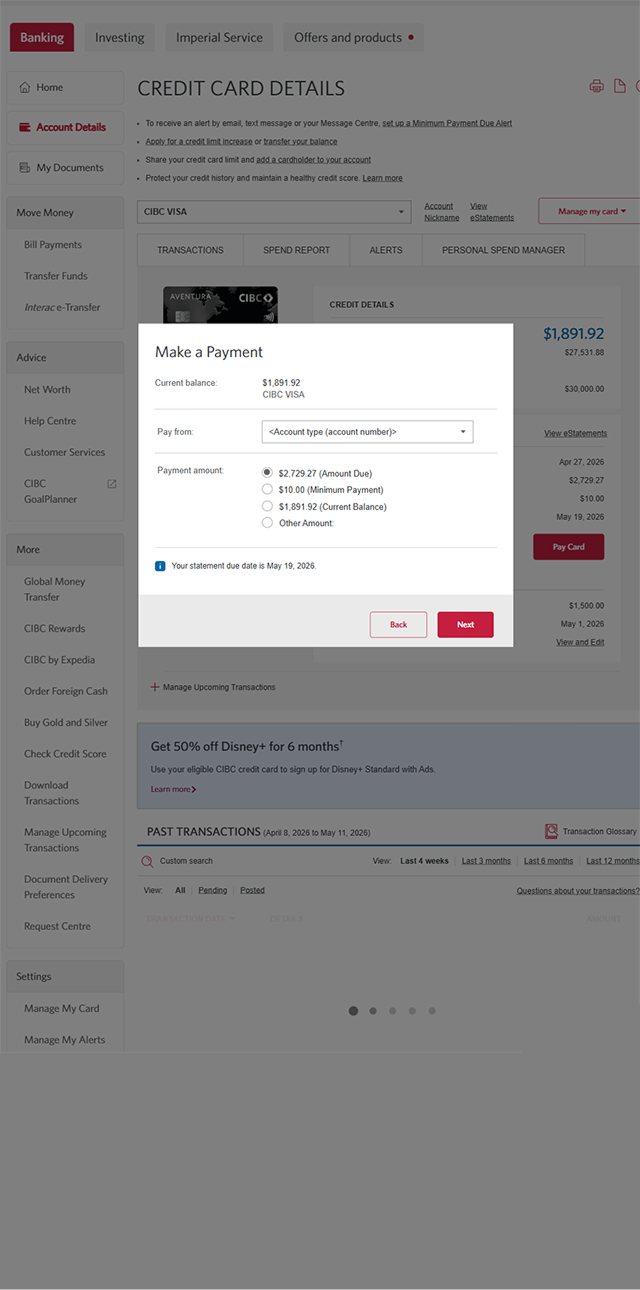 Demo screen 3: CIBC Online banking homepage, make a payment modal. A pulsing animation highlights the "Pay from" dropdown menu.